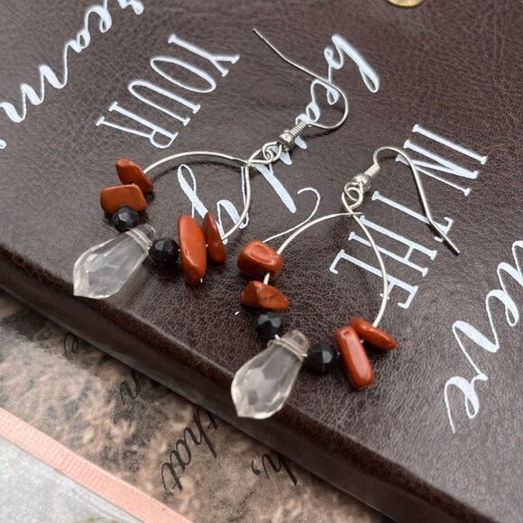 Vintage Red Jasper Beaded Teardrop Hoop Earrings - Picture 2 of 6
